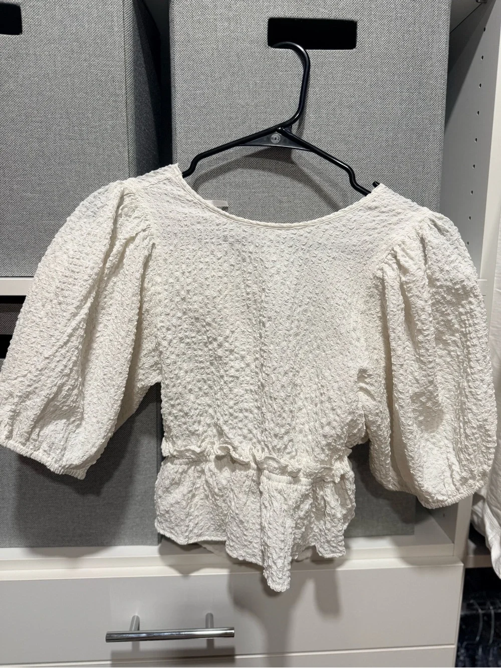Free People Women's Cream Textured Puff Sleeve Peplum Top